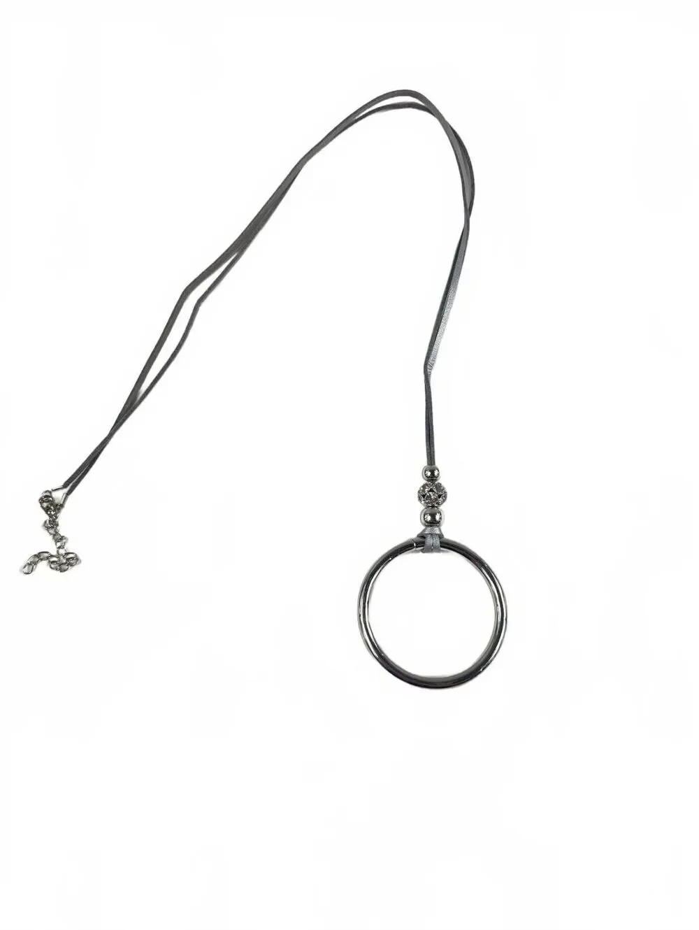 Fashion Jewelry Silver Toned Beads & Hoop On Faux Leather Cord Women's Necklace